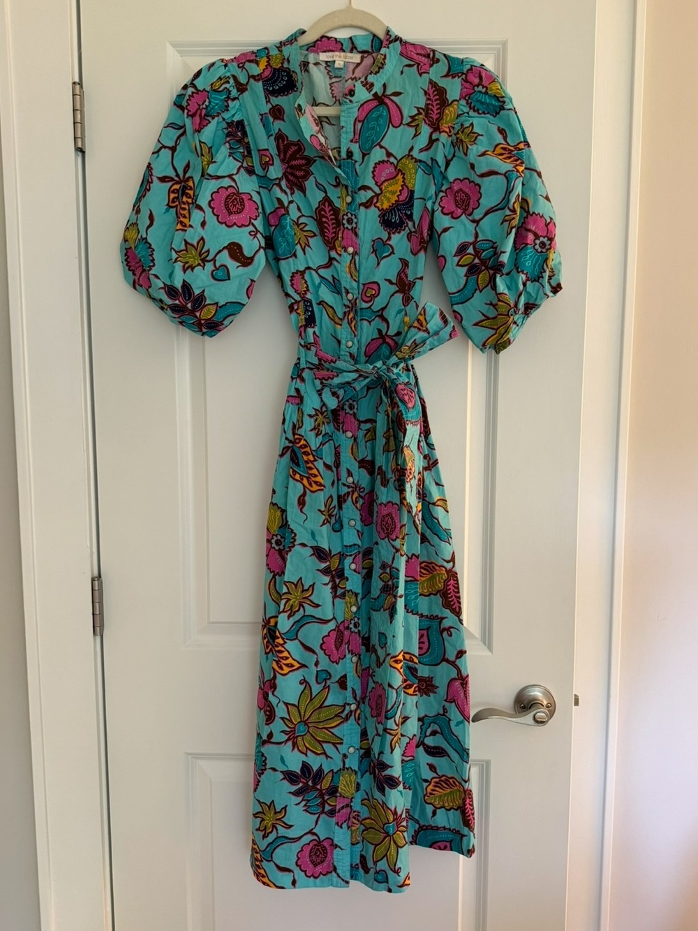 Turquoise Love the Label Floral Puff-Sleeve Midi Dress